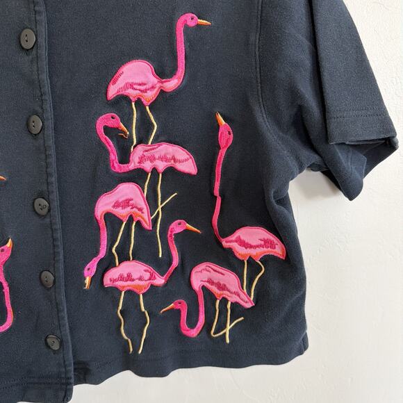 VTG Bechamel Petites Short Sleeve Black Cardigan Pink Embroidered Flamingos PM - Picture 5 of 6
